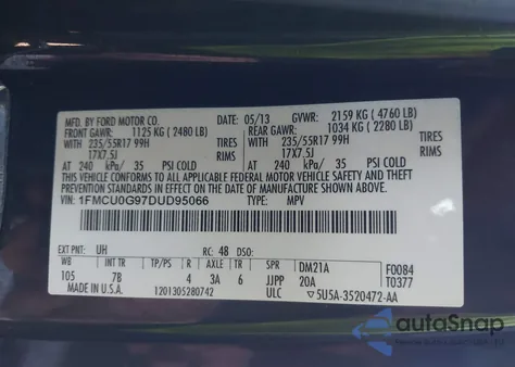 2013 Ford Escape Se из США, поврежденный, VIN 1FMCU0G97DUD95066